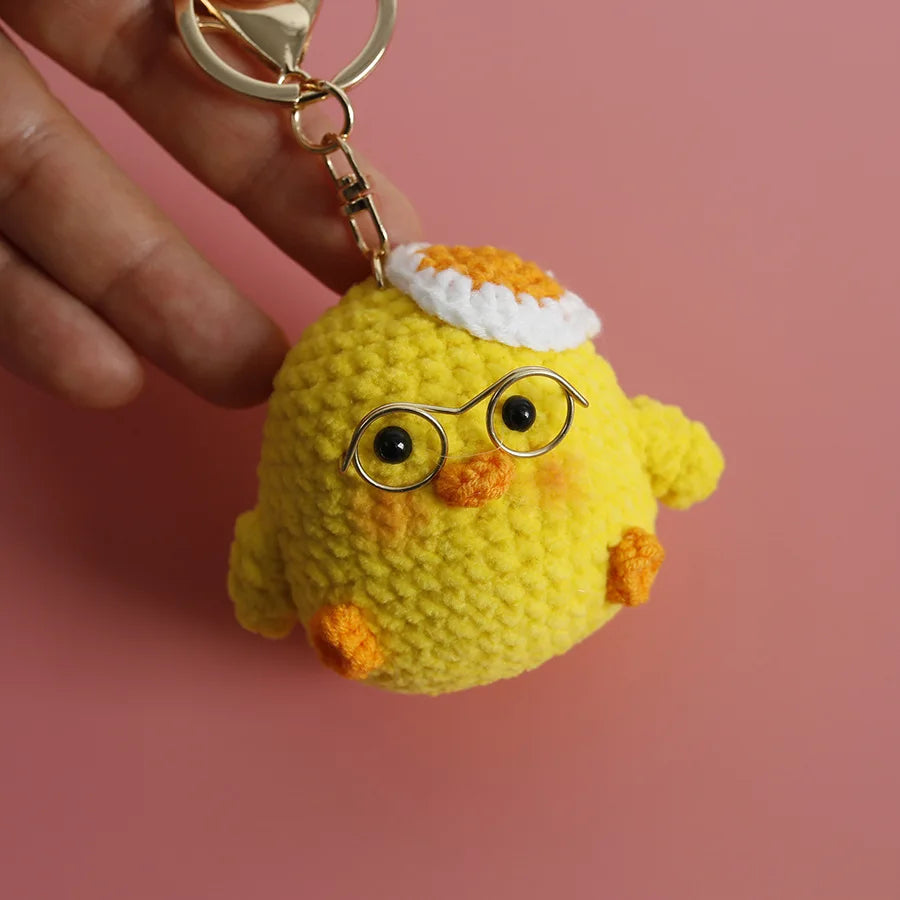 Handmade crochet chick with glasses keychain