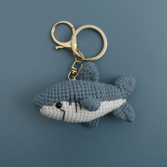 Hand-crocheted mini deep-blue shark keychain