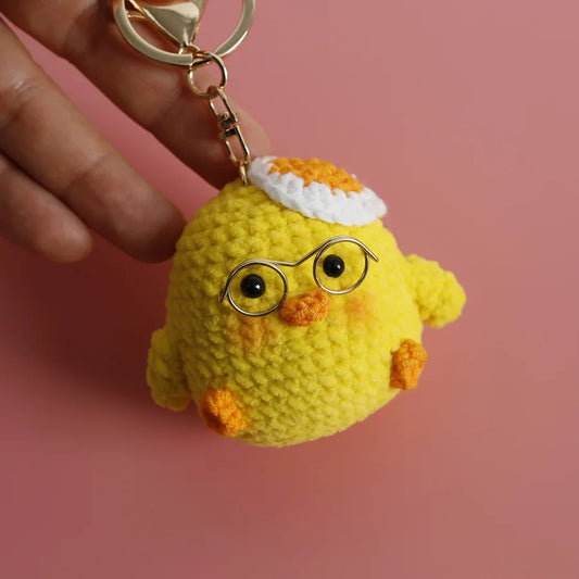 Handmade crochet chick with glasses keychain