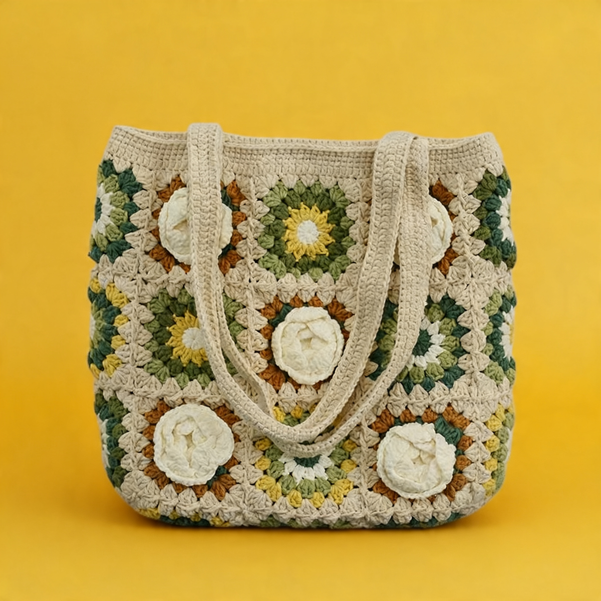 Hanmade Crochet Bags - White Rose &Green