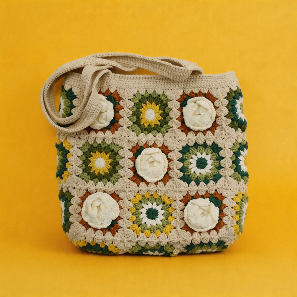 Hanmade Crochet Bags - White Rose &Green